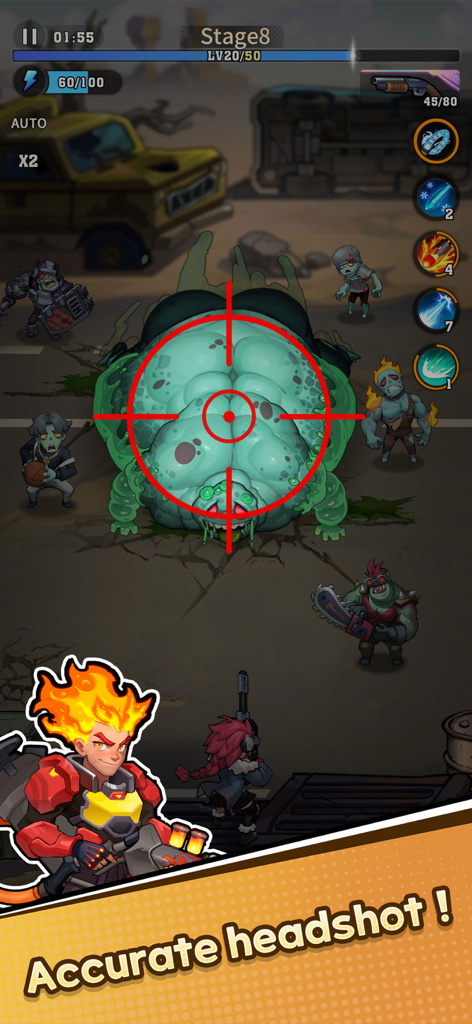 BangBang Survivor - A character with flaming hair targeting a giant green zombie boss in BangBang Survivor gameplay.