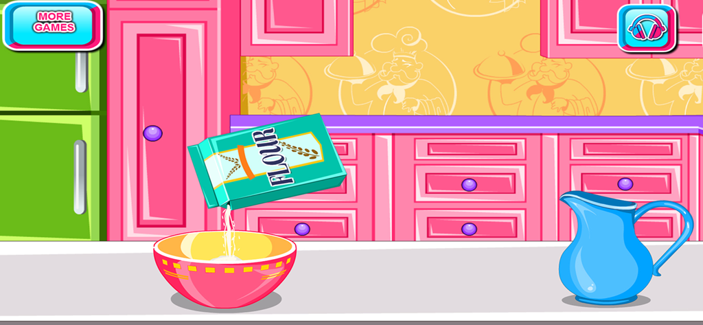 Pouring flour into a mixing bowl in a colorful cartoon kitchen
