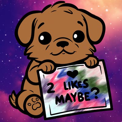 a puppy holding a sign that says 2 likes maybe?