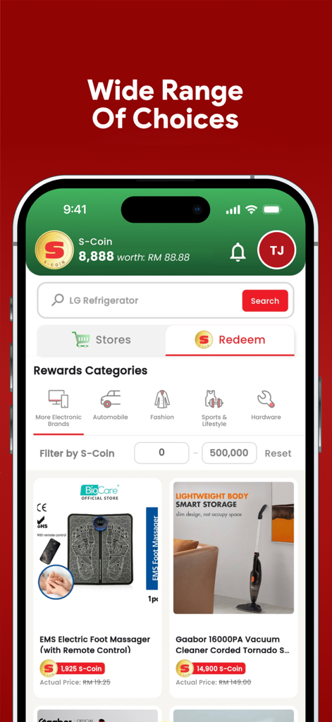 Senheng: Electronics & More - Senheng app Rewards Centre interface showing product categories and items available for S-Coin redemption.