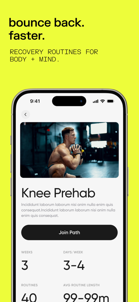 무릎 프리햅(Prehab) 모빌리티 및 회복 계획을 보여주는 pliability 앱