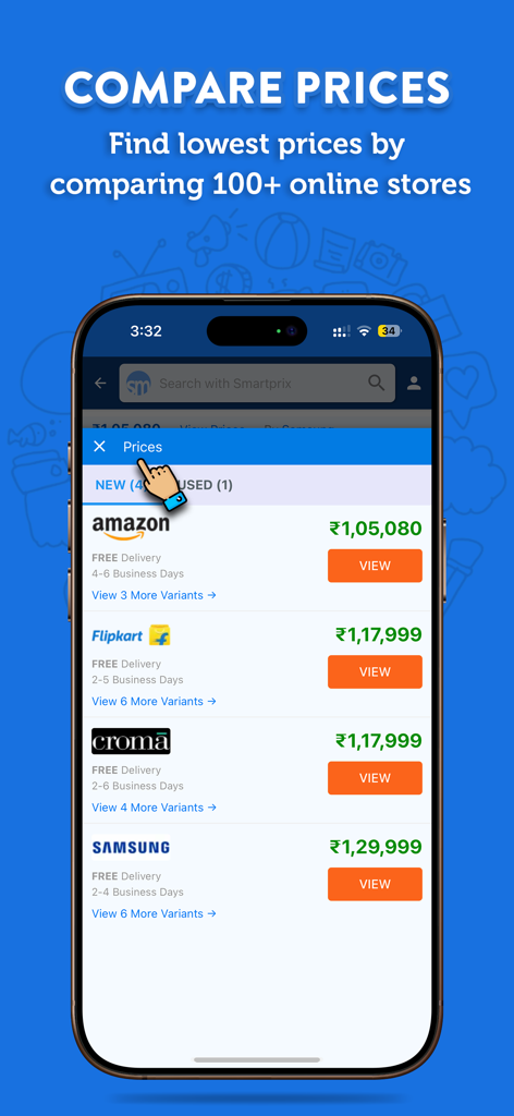 Smartprix app interface showing price comparisons for a product across different online retailers