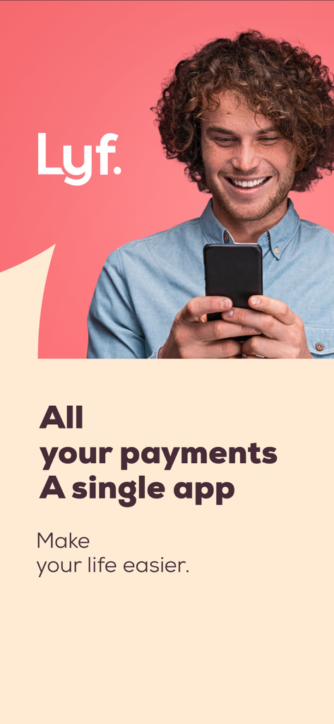 Lyf Pay - Young man smiling while using the Lyf Pay mobile payment app