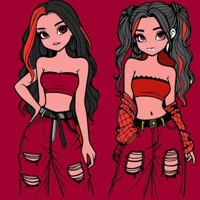 2 girls in crop tops and baggy jeans ripped