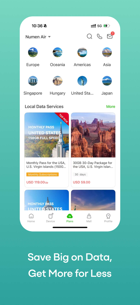 GlocalMe: Mobile Hotspot, eSIM - GlocalMe mobile App-Oberfläche zeigt globale Reise-Datentarife und eSIM-Optionen.