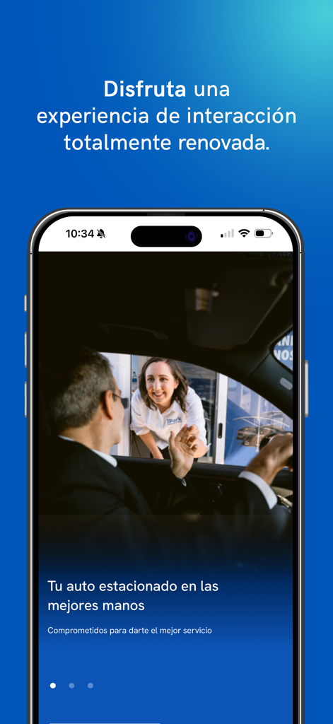 iPark Estacionamientos - iPark Go mobile app welcome screen showing a professional greeting a driver at a parking entrance booth
