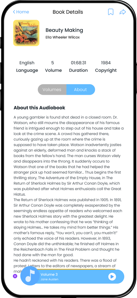 Mobile app interface showing the detailed description and metadata of an audiobook.