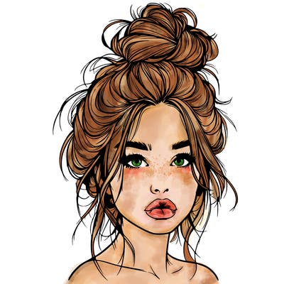 realistic girl with a messy bun and she has lips