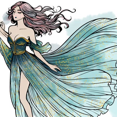 realistic woman in dress flowing the the wind