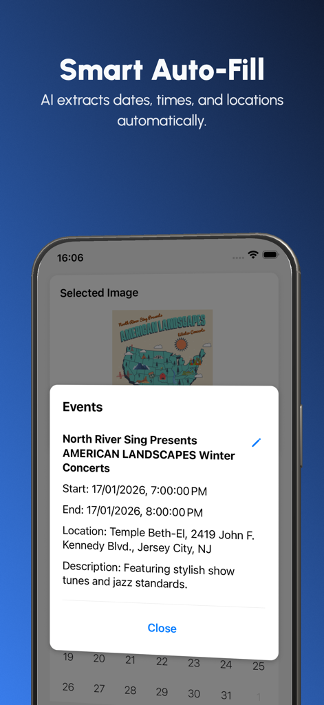 Photo2Calendar Scanner Planner - Interfaz de la aplicación Photo2Calendar que muestra la IA extrayendo detalles del evento como fecha, hora y ubicación de un folleto.