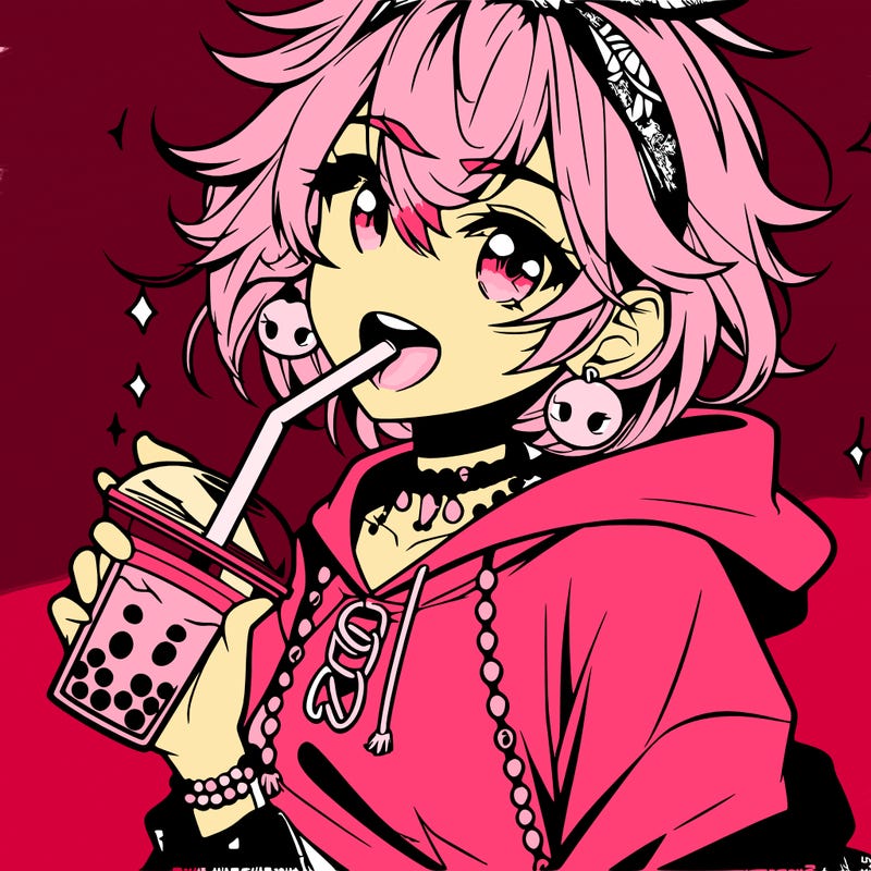 hot baddie anime girl drinking boba and biting the straw