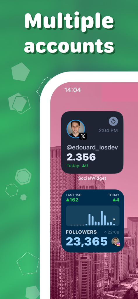 Followers Insight Widget - Pantalla de inicio de iPhone que muestra múltiples widgets de seguimiento de seguidores de redes sociales para X e Instagram