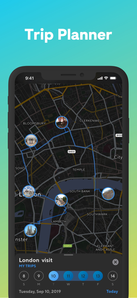 Tripomatic app displaying a travel itinerary and map of London with marked landmarks.