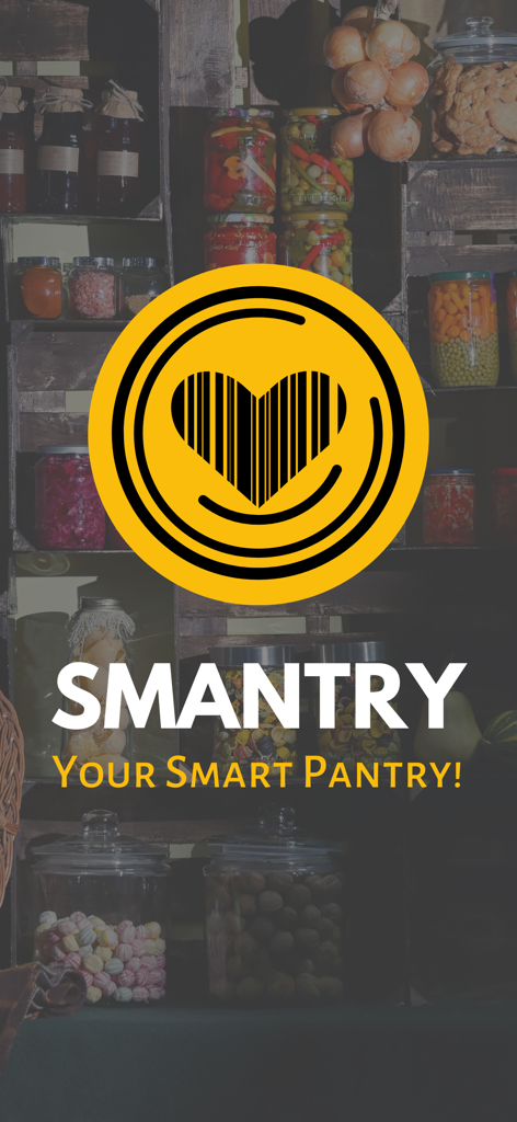 Smantry: Smart pantry - Smantry app splash screen featuring a heart-shaped barcode logo and organized pantry background
