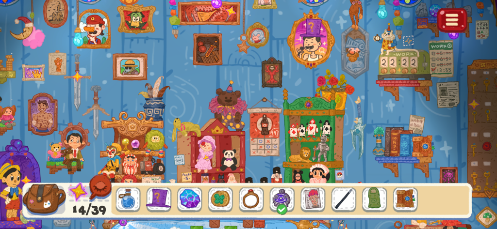 LittleAdventurerTreasureHunt - Escena extravagante de juego de objetos ocultos dibujada a mano que presenta una habitación azul llena de juguetes y coleccionables