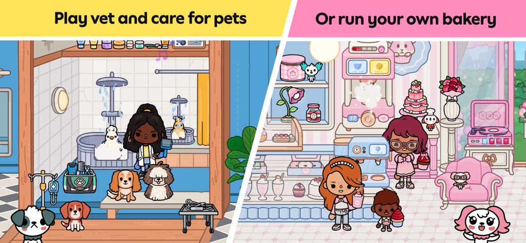 Gameplay screenshot of Toca Boca World showing characters roleplaying in a pet clinic and a bakery