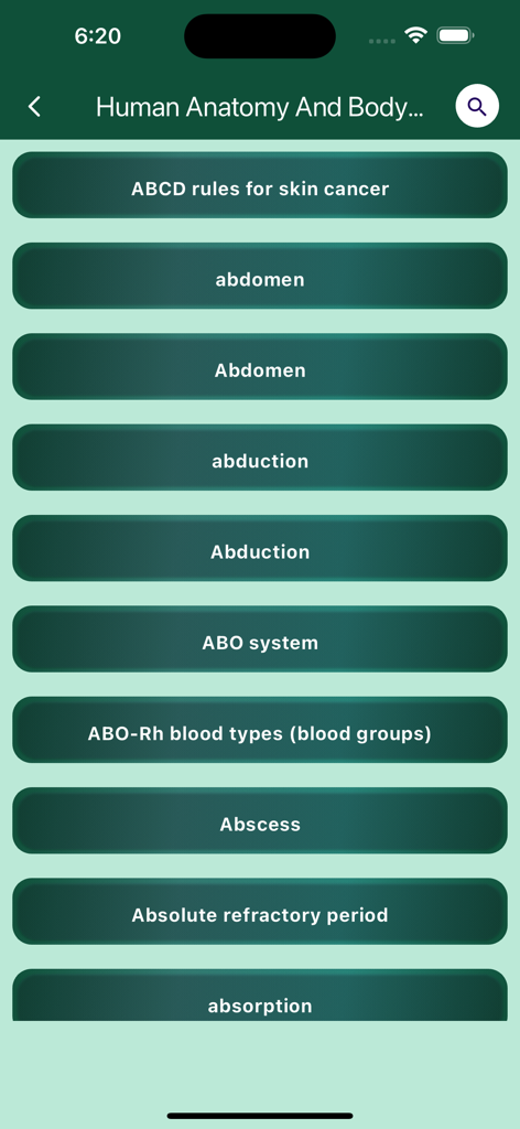 Human Anatomy And Body Parts - A list of anatomical terms and definitions in the Human Anatomy app glossary