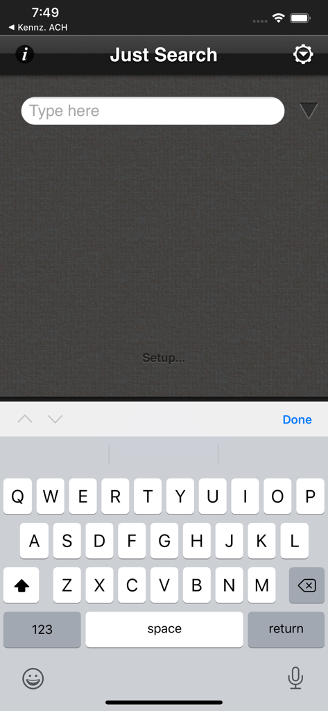 Just Search mobile app main screen with a search bar and keyboard