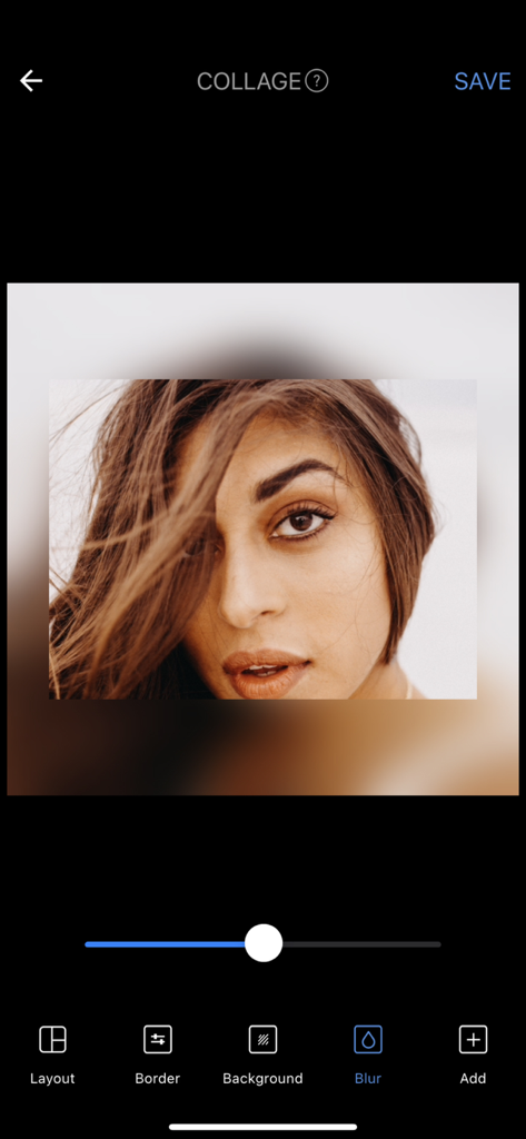 Photo Collage - Photo Editor - Interfaz de la aplicación Photo Collage que muestra la herramienta de fondo desenfocado aplicándose al retrato de una mujer