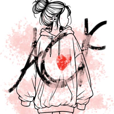 realistic girl with a oversized sweatshirt on and a bun