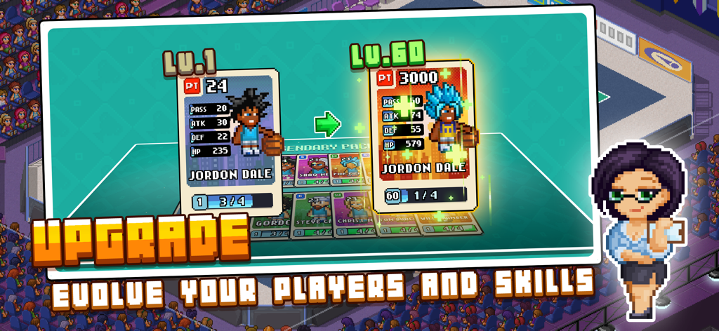 Pixel Basketball game screen showing player card evolution from level 1 to 60 with increased stats