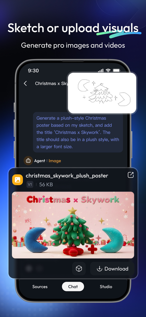 Skywork app interface showing a hand-drawn sketch being transformed into a high-quality plush-style Christmas poster by AI.