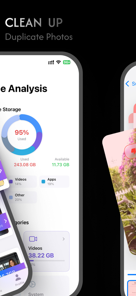 Lapu Fan app interface displaying storage analysis and tools for cleaning duplicate photos and large videos.