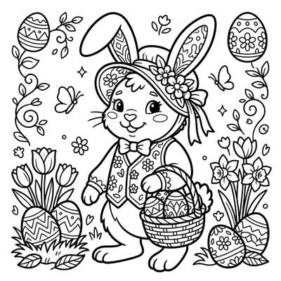 Get ready for an egg-cellent time with this charming Easter Bunny coloring page, perfect for young artists. It features a delightful bunny surrounded by all the joyful symbols of spring and Easter.