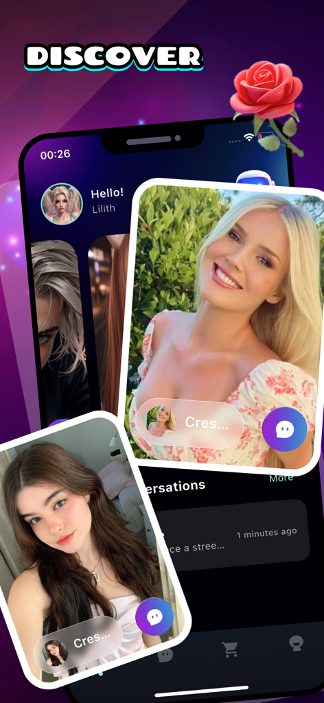 Tela de descoberta do aplicativo Sayee apresentando cartões de perfil de usuário e uma estética neon.