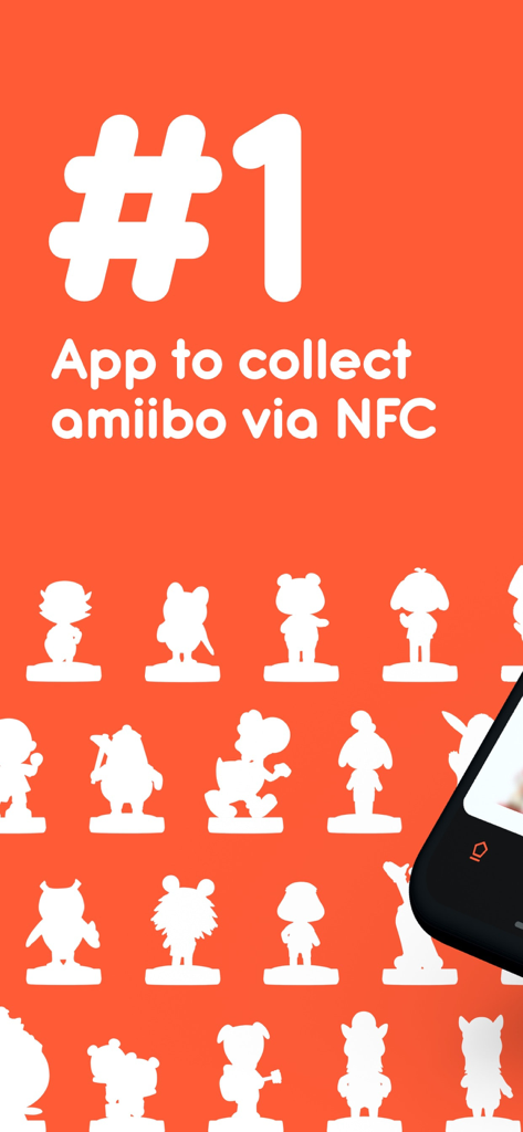 Ally – Collect and Backup - Ally app promotional screen for collecting amiibo via NFC featuring character silhouettes on an orange background