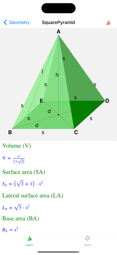 Geometry-Solver Pro - Geometric diagram and formulas for a square pyramid including volume and surface area.