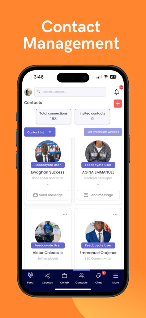 Feedcoyote: Freelance & Earn - Feedcoyote app screenshot displaying the contact management screen with professional freelance connections and networking statistics