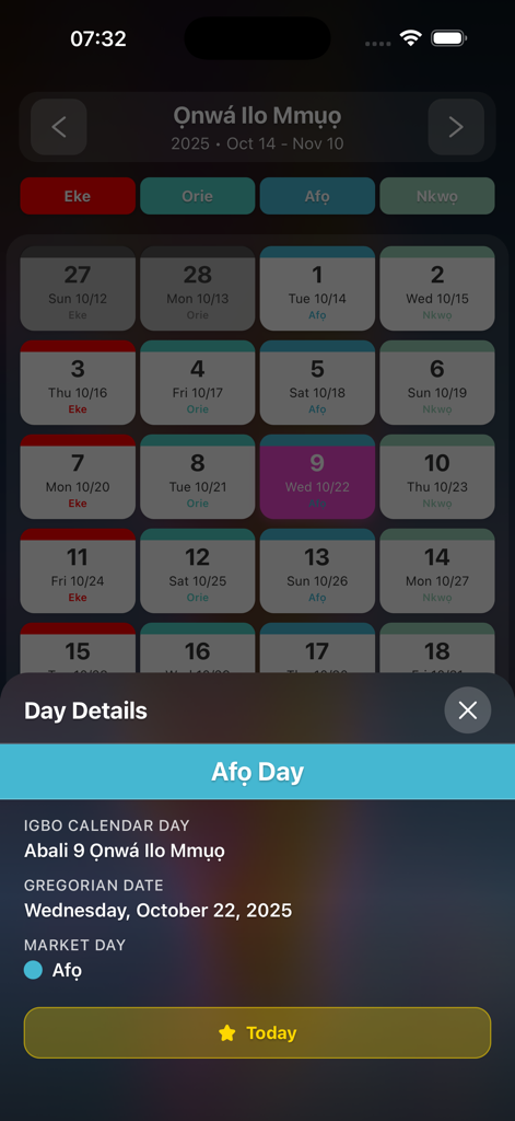 Onwá - Onwa app interface showing Igbo lunar calendar days and market day details aligned with the Gregorian calendar.