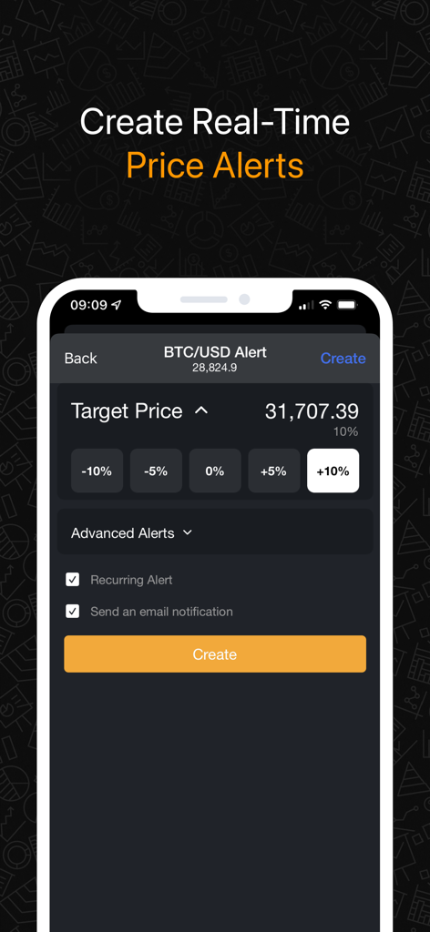 Pantalla de smartphone mostrando la interfaz para crear alertas de precios de Bitcoin en tiempo real en la app Investing.com