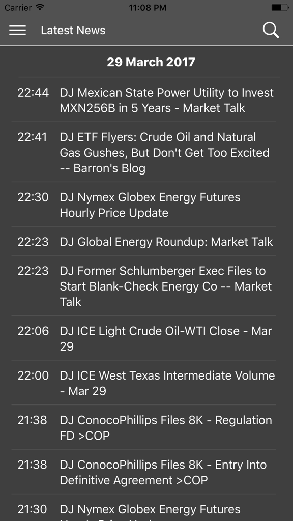 Latest energy market news headlines within the OMJ mobile app interface