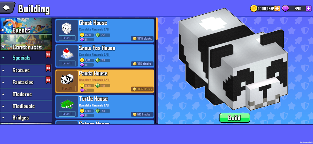 Building menu in Craft Explore showing a blocky panda house project with rewards and block count