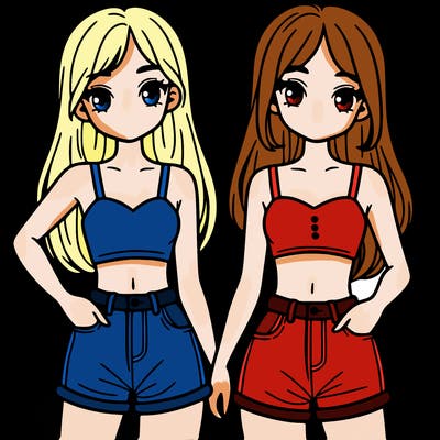 two sisters with crop tops and jean shorts and straight hair