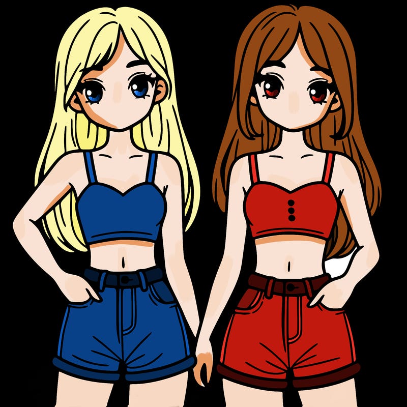 two sisters with crop tops and jean shorts and straight hair