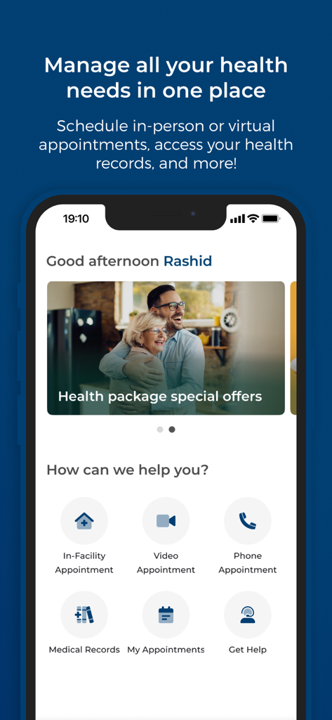 Mediclinic - ميديكلينيك - Mediclinic mobile app dashboard showing options for in-person and virtual appointments along with medical records access.