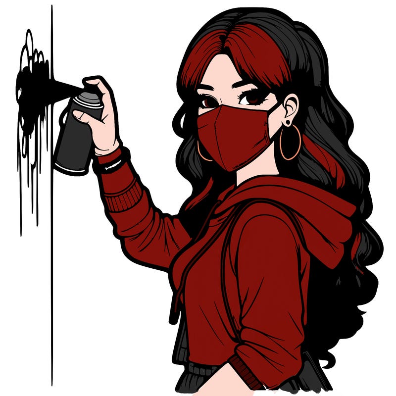 realistic girl with mask spray painting a wall