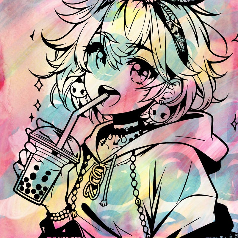 hot baddie anime girl drinking boba and biting the straw