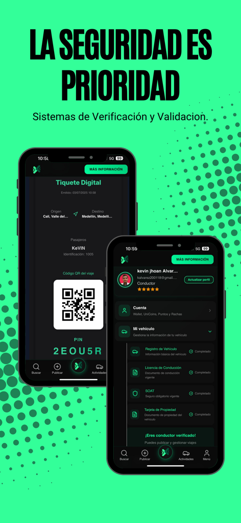 Interfaz de la aplicación de carpooling Cupo que muestra los sistemas de verificación de seguridad y los tickets digitales con códigos QR