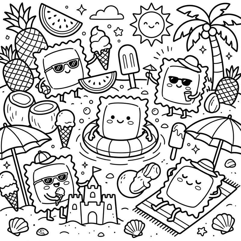 Embark on a joyful summer escape with our adorable ravioli friends! This fun coloring page, perfect for seniors, brings sunny beach vibes right to your fingertips.
