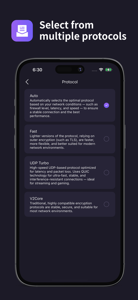 Octohide VPN 앱 인터페이스에 자동, 빠름, UDP 터보를 포함한 다양한 네트워크 프로토콜을 선택하는 옵션이 표시됩니다.