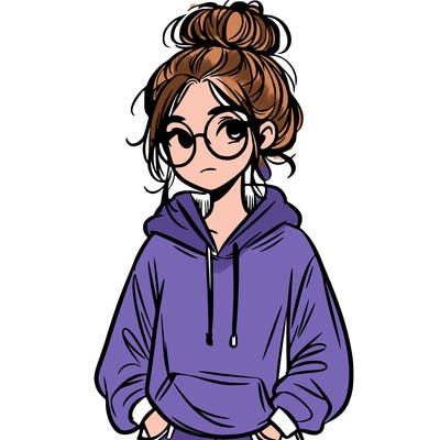 teen girl with a messy bun and glasses wearing a loose hoodie and jeans