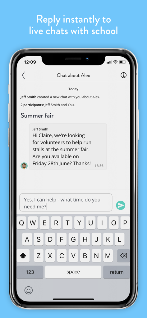 Parent Hub - Smartphone screen showing the Parent Hub app live chat feature between a teacher and a parent