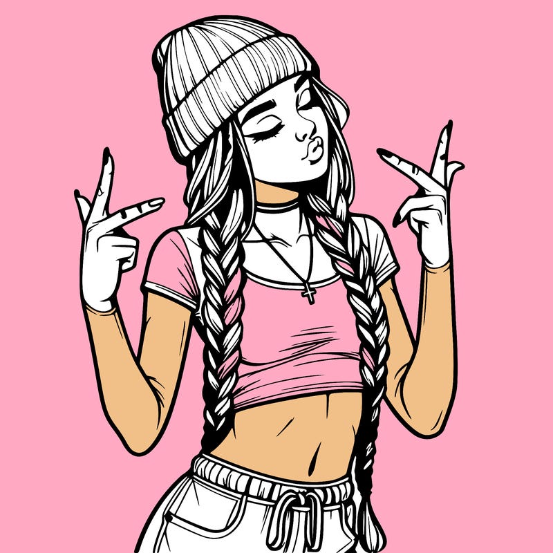 realistic teenage girl with braids and a beanie and crop top doing 🫶🏼