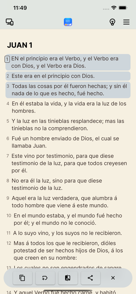 Digital Bible - A screenshot of the Digital Bible app displaying the first chapter of John in Spanish with highlighted verses.