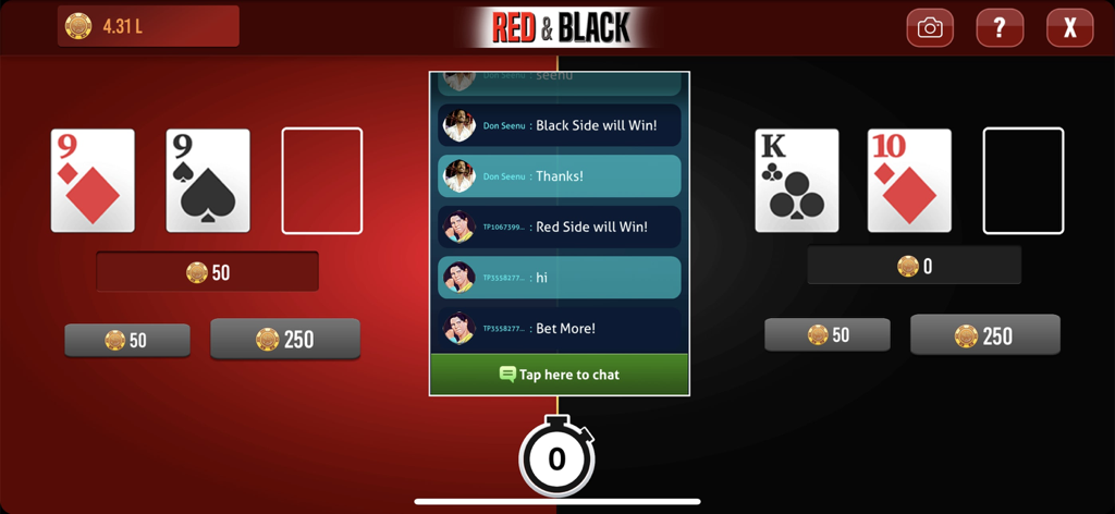 Teen Patti Game - 3Patti Poker - 카드와 라이브 플레이어 채팅이 있는 Teen Patti Poker 앱 내 Red and Black 미니 게임의 인터페이스