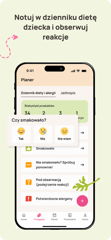 Pierwsze Smaki - Interfaz de aplicación móvil que muestra un diario de reacciones a la comida de bebé con botones de emoji felices y tristes para rastrear alergias.